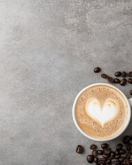 Minimalist Craft Coffee Experience Artisanal Latte Art Heart on Textured Gray - Specialty Barista Branding and Wellness Morning Ritual Content