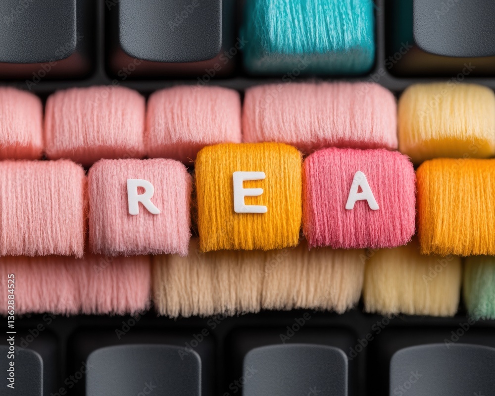 Poster Soft Gradient Keyboard Typography Tactile Digital Design Showcasing Textural Yarn-Inspired Keycaps - Creative Tech Aesthetic for Millennial Workspace Innovation