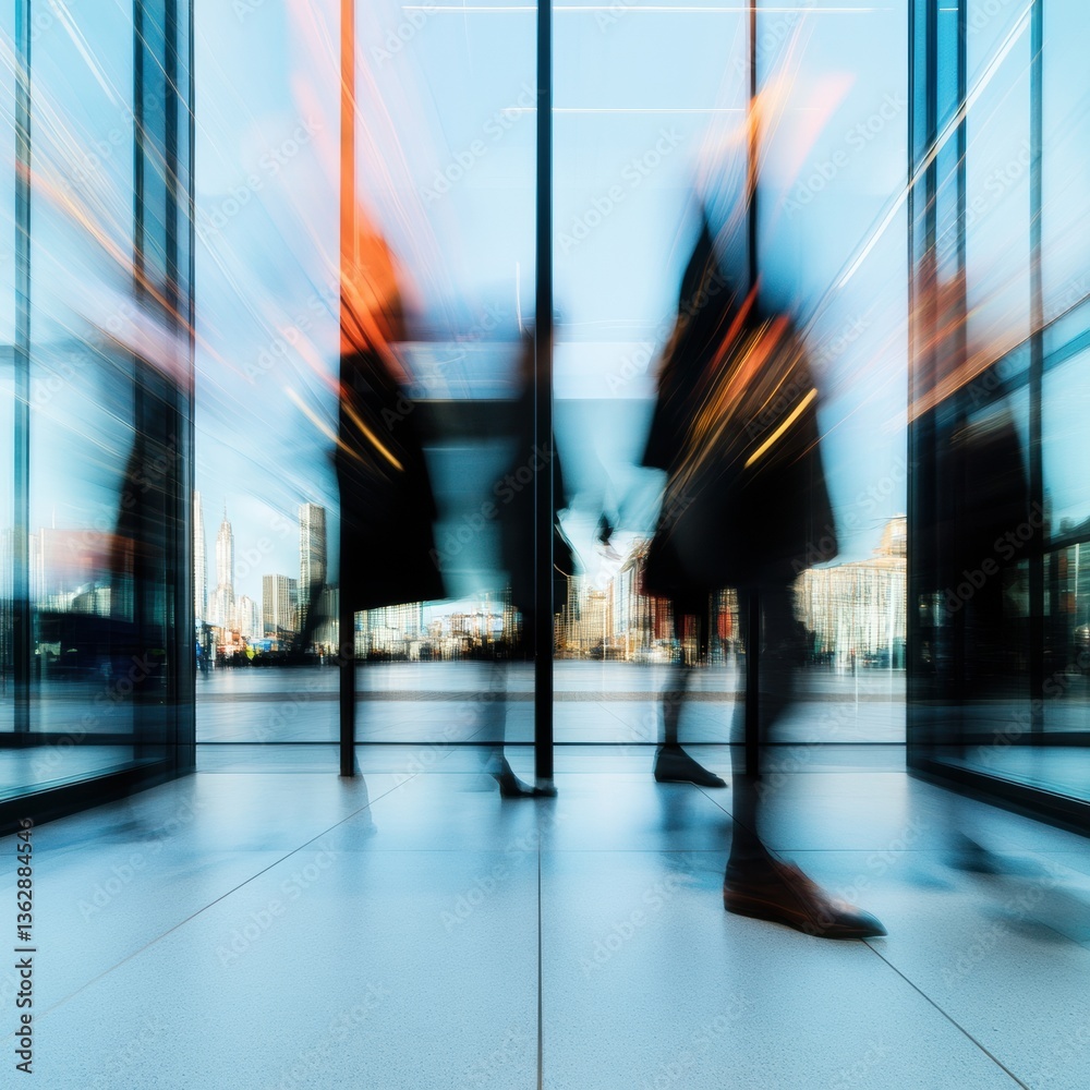 Poster dynamic urban flow blurred corporate professionals in minimalist glass architecture - capturing mode