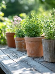Fototapeta premium Serene herbs in terracotta pots on weathered wooden bench bask in soft sunlight garden backdrop