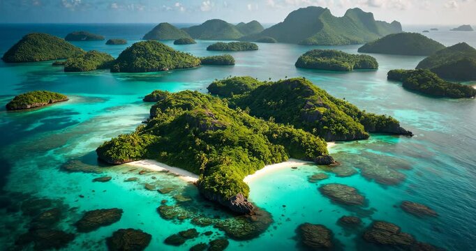 Aerial perspective of a secluded island. Hidden lagoon. View Point Wayag.