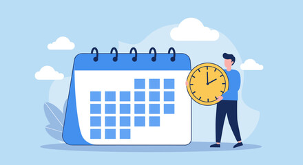 Man holding a clock next to a calendar. Time management concept.