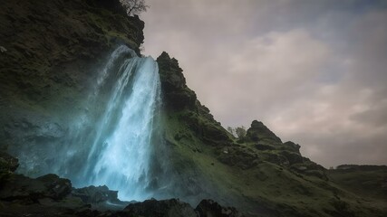 Majestic Waterfall: Capturing the raw power and beauty of a cascading waterfall plunging down a rocky cliff face, creating a dramatic spectacle against a cloudy sky.