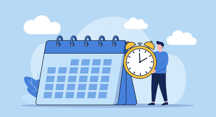 Man holding a large clock next to a calendar.