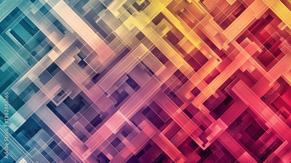 Poster an intricate design of interwoven lines forming complex geometric shapes, with gradients of color tr