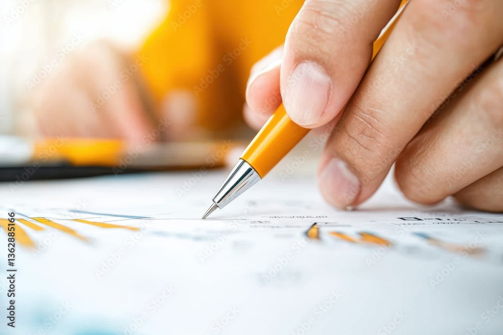 Poster Precision Financial Decision Making Minimalist Close-Up of Professional Signing Critical Document with Sleek Yellow Pen - Empowering Business Strategy and Digital Workflow Optimization