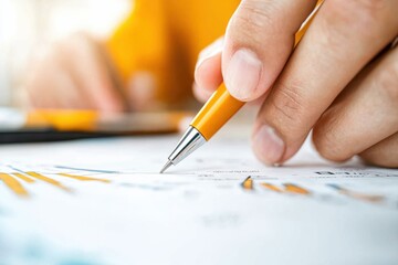 Precision Financial Decision Making Minimalist Close-Up of Professional Signing Critical Document with Sleek Yellow Pen - Empowering Business Strategy and Digital Workflow Optimization