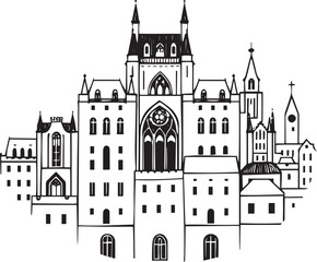 Obraz premium Cityscape and old houses. Hand drawn vector illustration