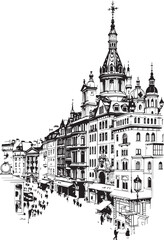Cityscape and old houses. Hand drawn vector illustration