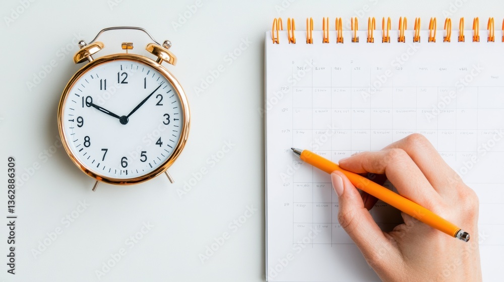 Poster minimalist productivity workflow retro gold alarm clock and time management planning for digital ent