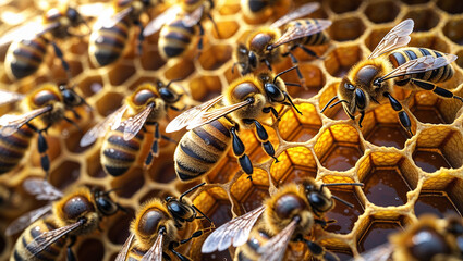 Honey bees working on honeycomb producing honey