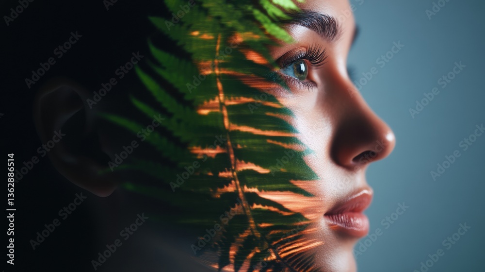 Poster Neurotech Fusion Gen Z Digital Identity Explores Biomorphic AI Interface with Organic Leaf Projection - Innovative Sensory Perception Visualization