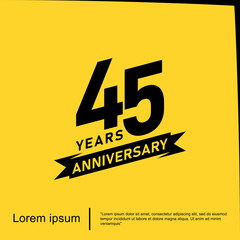 45th years anniversary celebration emblem. black logo isolated with ribbon on yellow background. vector illustration template design for web, flyers, poster, greeting card and invitation card	