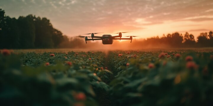 Sunset AgriTech Horizon Precision Drone Monitoring in Sustainable Farming Landscape - Innovative Climate-Smart Agriculture Revolutionizing Global Food Production