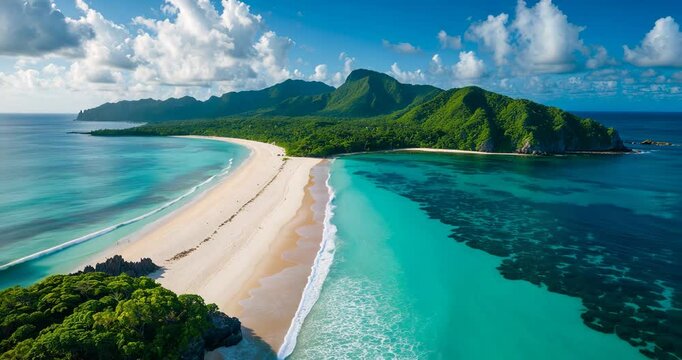 Stunning aerial view from a drone of a lagoon, coral reef, and island.