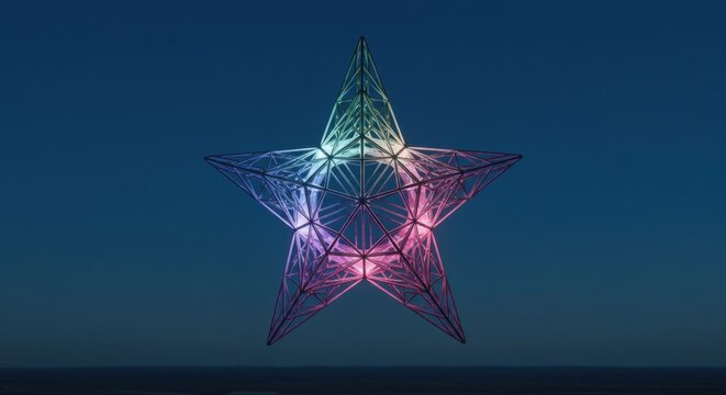 Illuminated Geometric Star Sculpture Against Twilight Sky: A Captivating Nighttime Display of Art and Design