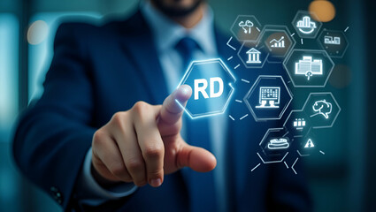 Businessman Engaging with R&D Icons on Digital Interface: A Visual Concept of Innovation Technology and Human Resources for Strategic Growth in Stock Photography