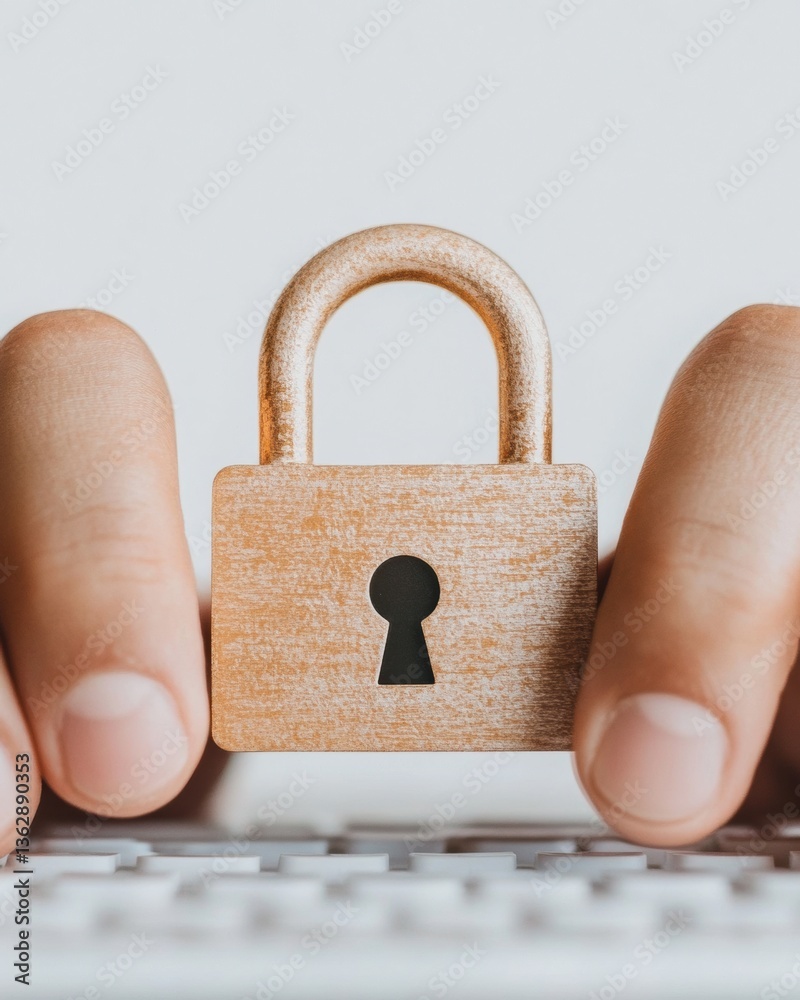 Poster minimalist cybersecurity insight tactile digital protection visualization with wooden lock and human