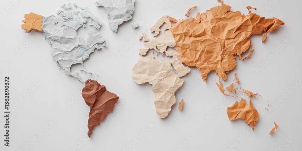 Aufkleber sustainable global strategy minimalist crumpled paper world map visualizing interconnected business 