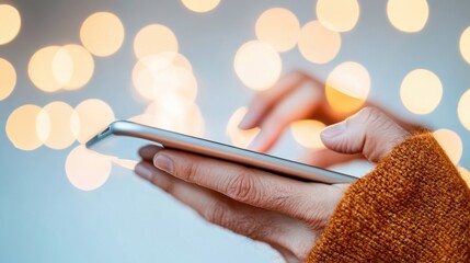 Minimalist Tech Lifestyle Warm Textured Knit Sleeve and Sleek Smartphone in Soft Bokeh Light - Digital Connectivity and Cozy Millennial Interaction