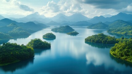 Naklejka premium Serene lake surrounded by lush green islands and misty mountains. Tranquil water reflecting a cloudy sky