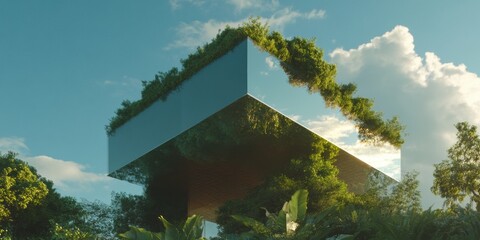 Sustainable Architectural Marvel Cantilevered Eco-Design Blending Minimalist Geometry with Living Green Roof - Regenerative Urban Architecture Reimagining Environmental Integration