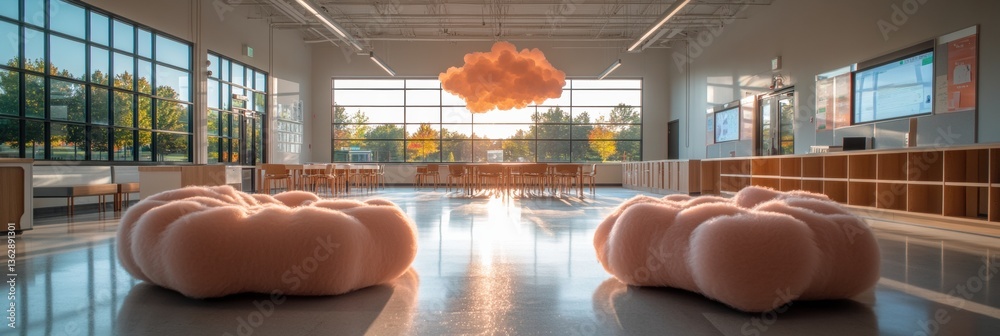 Aufkleber Immersive Learning Sanctuary Soft Tech Design Transforms Educational Spaces with Innovative Cloud-Inspired Seating and Expansive Natural Light for Next-Gen Collaborative Environments