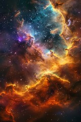 Naklejka premium Explore the vibrant colors and dynamic shapes of a breathtaking nebula filled with swirling gas and dust against a stellar backdrop