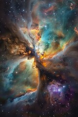 Breathtaking view of a vibrant nebula showcasing swirling clouds of gas and dust illuminated by distant stars