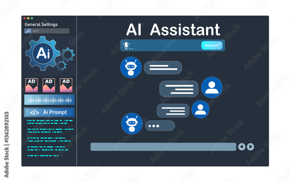 Poster  Ai Content Generator. Interaction with the Ai assistant to solve some tasks more easily. Image generator, documents, marketing and advertising, bot writing and coding.