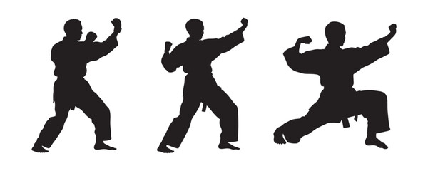 Karate fighter in kimono, vector silhouette illustration.