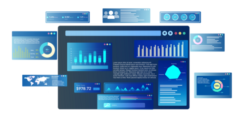 KPI dashboard.Financial business data analytics graph dashboard. Management data System KPI connected in database for follow earnings,operations and sales data PNG.	