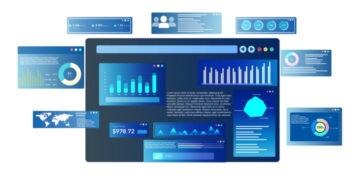 KPI dashboard.Financial business data analytics graph dashboard. Management data System KPI connected in database for follow earnings,operations and sales data PNG.	