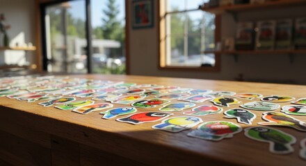 Fototapeta premium A Colorful Collection of Bird Stickers Displayed on a Wooden Table in a Sunny Shop Setting
