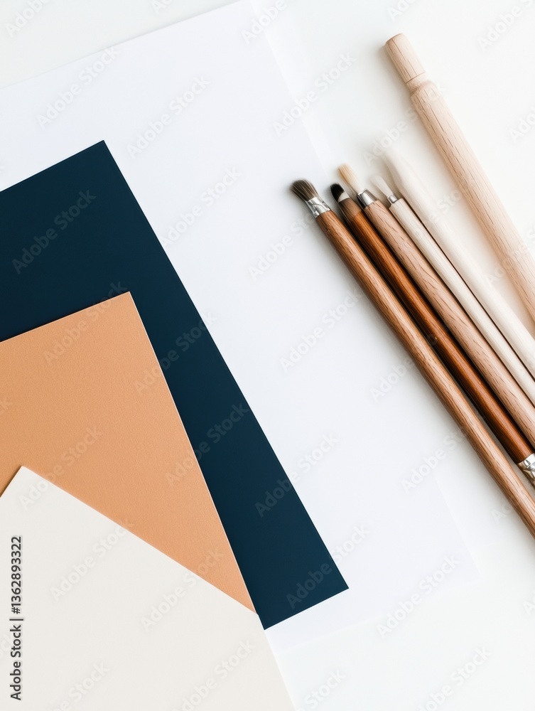 Aufkleber minimalist design studio aesthetic geometric color block paper and wooden pencils - creative workspa