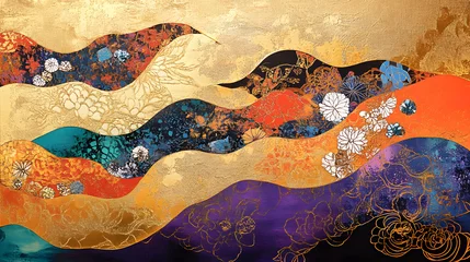 Gordijnen Japanese Elegant Abstract Nature Illustration Featuring Soft Floral Textures, Watercolor Background, and Vintage Cultural Motifs © arlila