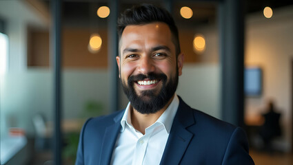 Happy smiling bearded indian business man small business owner company leader sales manager successful lawyer looking at camera standing in office headshot portrait concept as Happy smiling bearded In