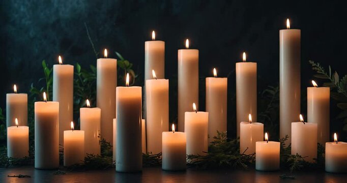 A tranquil arrangement of electric candles of varying heights emitting a warm, gentle light. The background is dark, highlighting the candles. Idea for memorials or spiritual ceremonies.