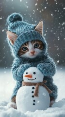 A kitten wearing knitwear hugs a tiny snowman in snowy weather