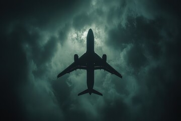 Fototapeta premium Airplane Silhouette Flying Through Dark Stormy Clouds Against Dim Light Background