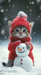 A kitten wearing winter clothes plays with a small snowman