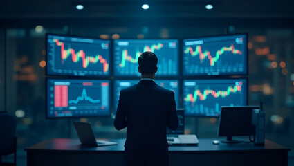 Confident Businessman in Front of AI Stock Market Screens: A Vector Illustration of Financial Expertise