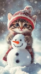 Adorable kitten wearing a winter hat holds a small friendly snowman