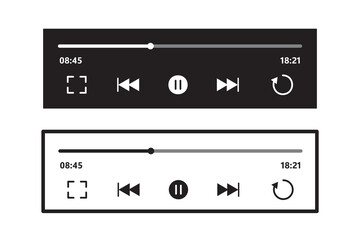 Music or video play bar icon. Audio player for songs or podcast playlist. Play, shuffle, repeat, rewind and fast forward buttons. Template of media player playback panel interface. EPS file 10