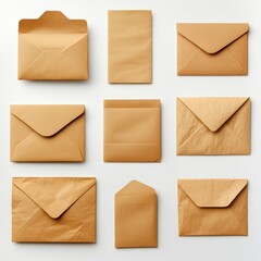 Set of brown envelopes (sealed, empty and with a blank paper inside), isolated on white background