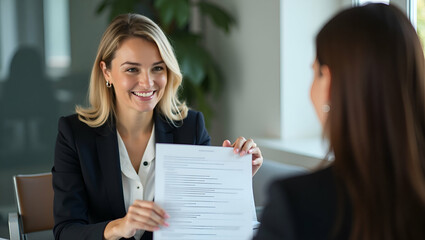 Smiling Mature Business Woman HR Holding CV Document at Job Interview: Happy Mid-Aged Professional Banking Manager or Lawyer Consulting Client in Corporate Office Meeting - Recruitment Expertise Showc