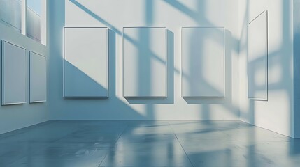 Obraz premium • A modern art gallery showcasing a series of blank, sleek frames arranged in a grid pattern, ready for art installations