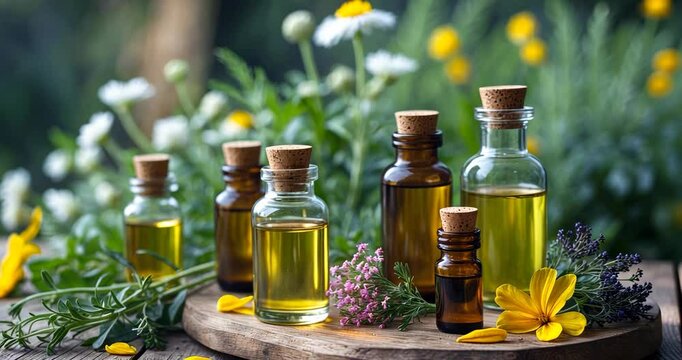 Alternative health care idea, fresh organic herbal plants, floral components for therapy and cosmetics. Essential oil, flower extract. Homemade creation, naturopathic approach, skin and body care.
