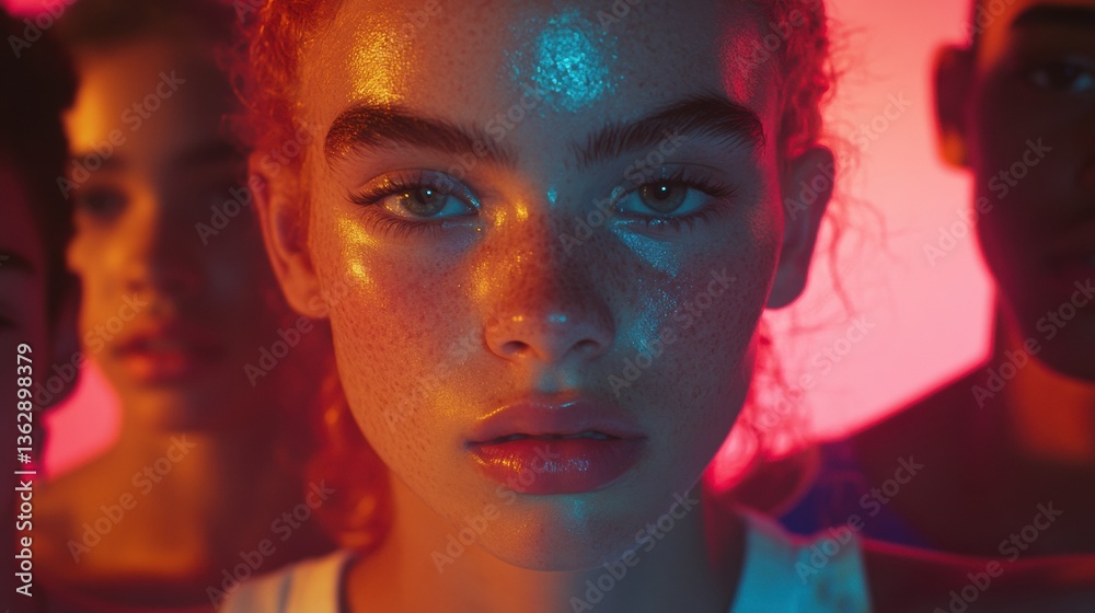 Poster metaverse identity exploration gen z diversity and emotional expression in neon-chromatic lighting -