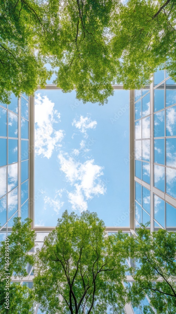 Aufkleber Sustainable Urban Architecture Innovative Green Building Design with Expansive Glass Atrium Blending Nature and Modern Structural Transparency for Net-Zero Environmental Performance